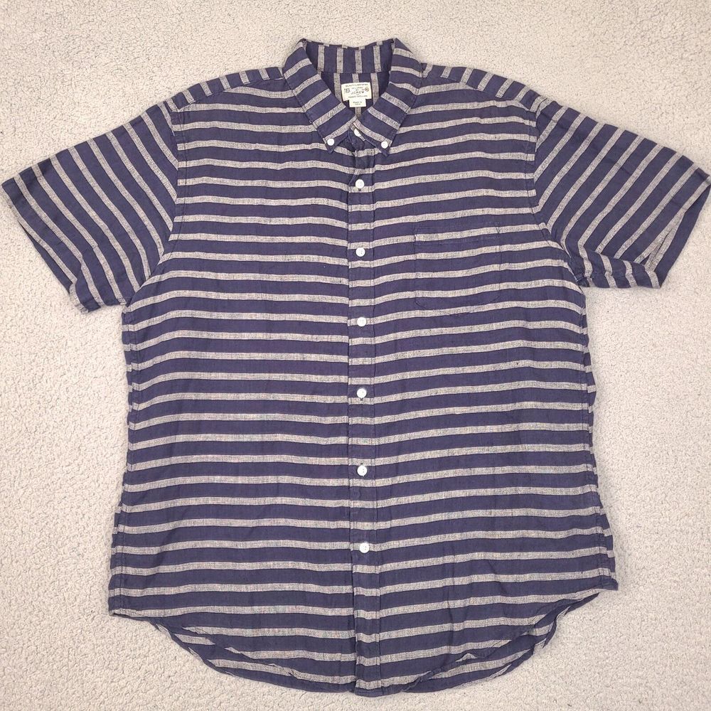 J. Crew Shirt Mens XL Blue Striped 100%‎ Linen Short Sleeve Button Down